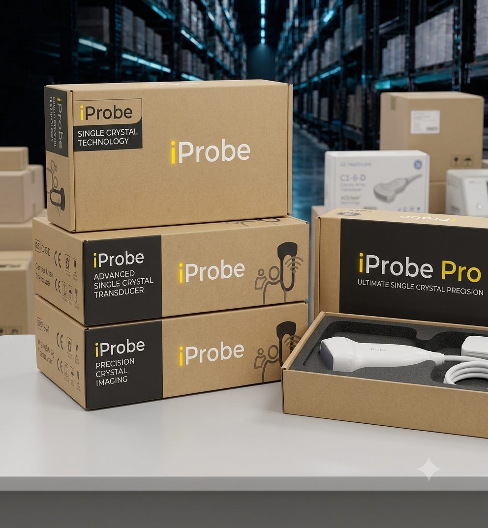 iProbe single-crystal ultrasound probe packaging and shipping boxes