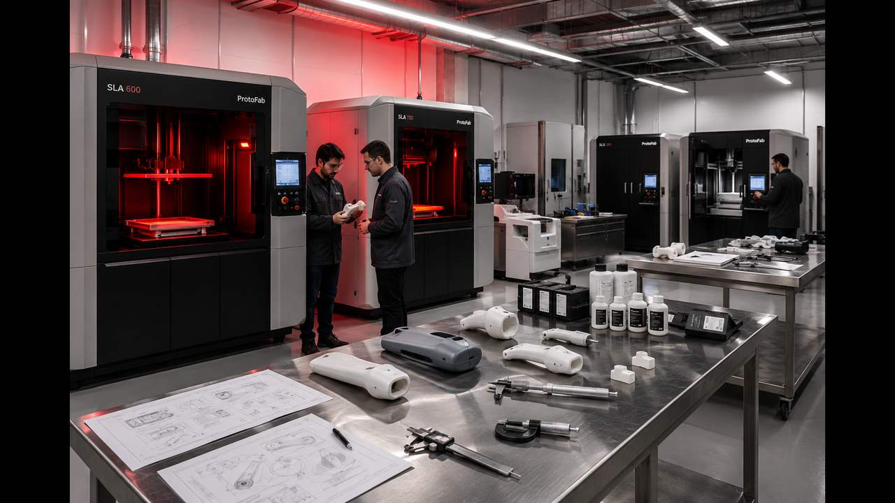 ALEVA rapid-prototyping lab with SLA and SLS 3D printers and printed device housings